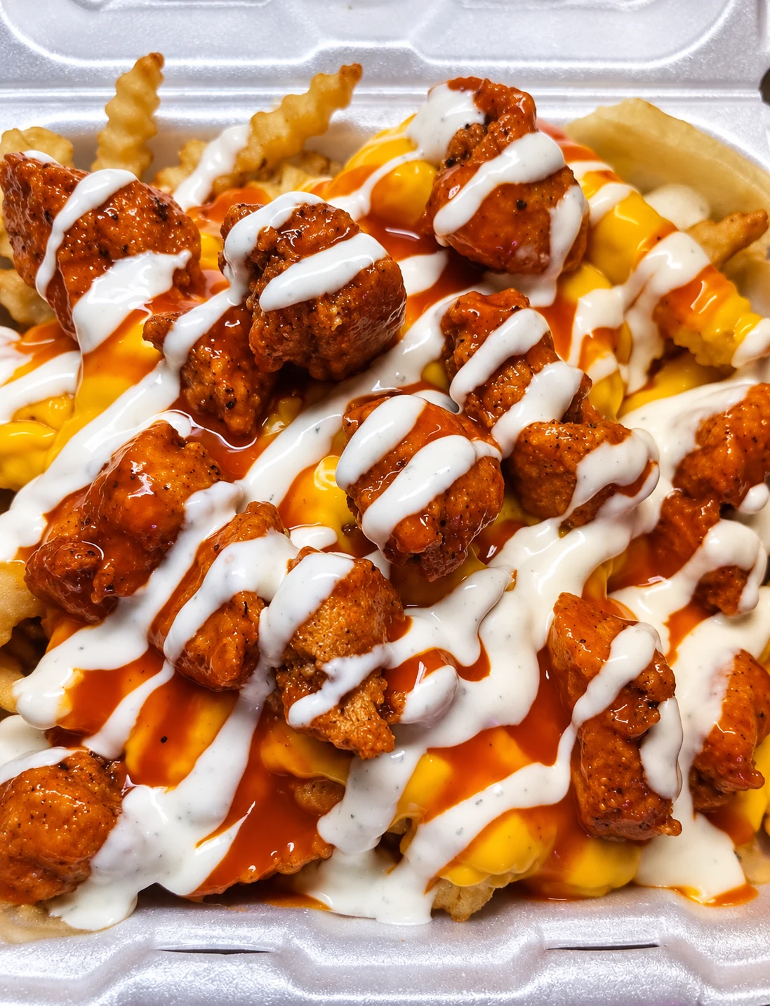 The Maywood Buffalo chicken loaded fries with ranch, Buffalo sauce and nacho cheese