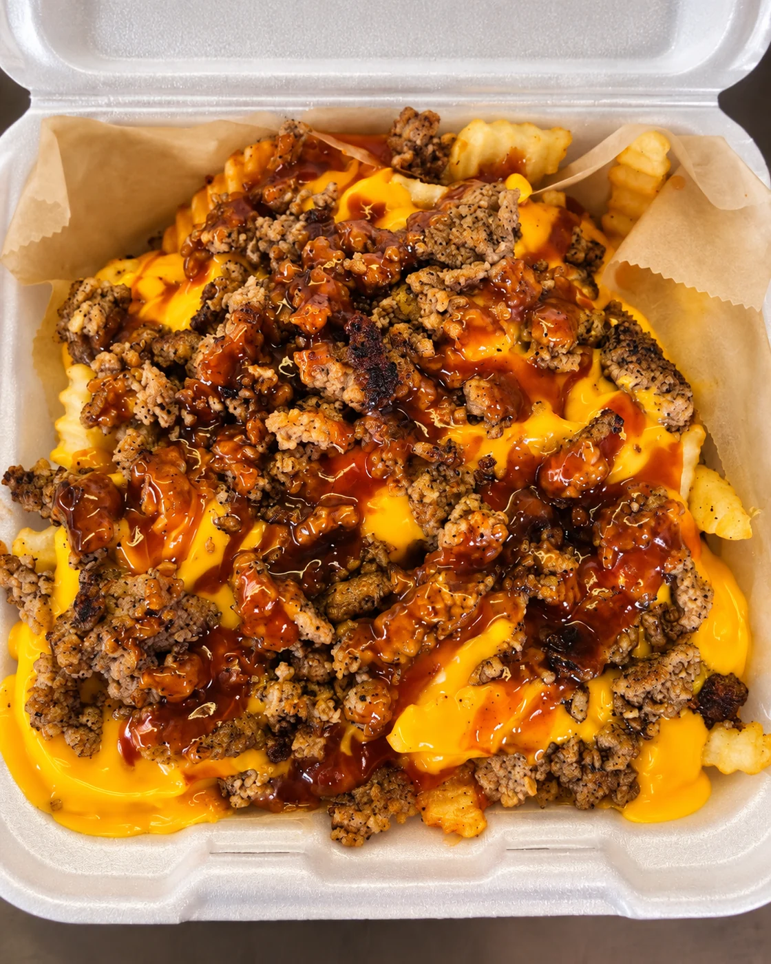 The South Shore chopped steak loaded fries with nacho cheese and mild sauce