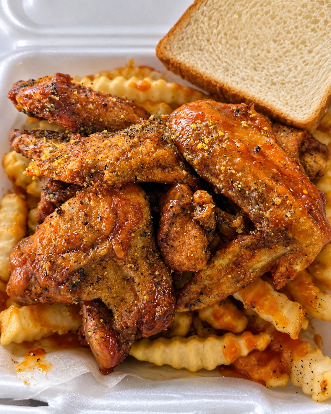 Chi Spot seasoned whole chicken wings with fries and bread